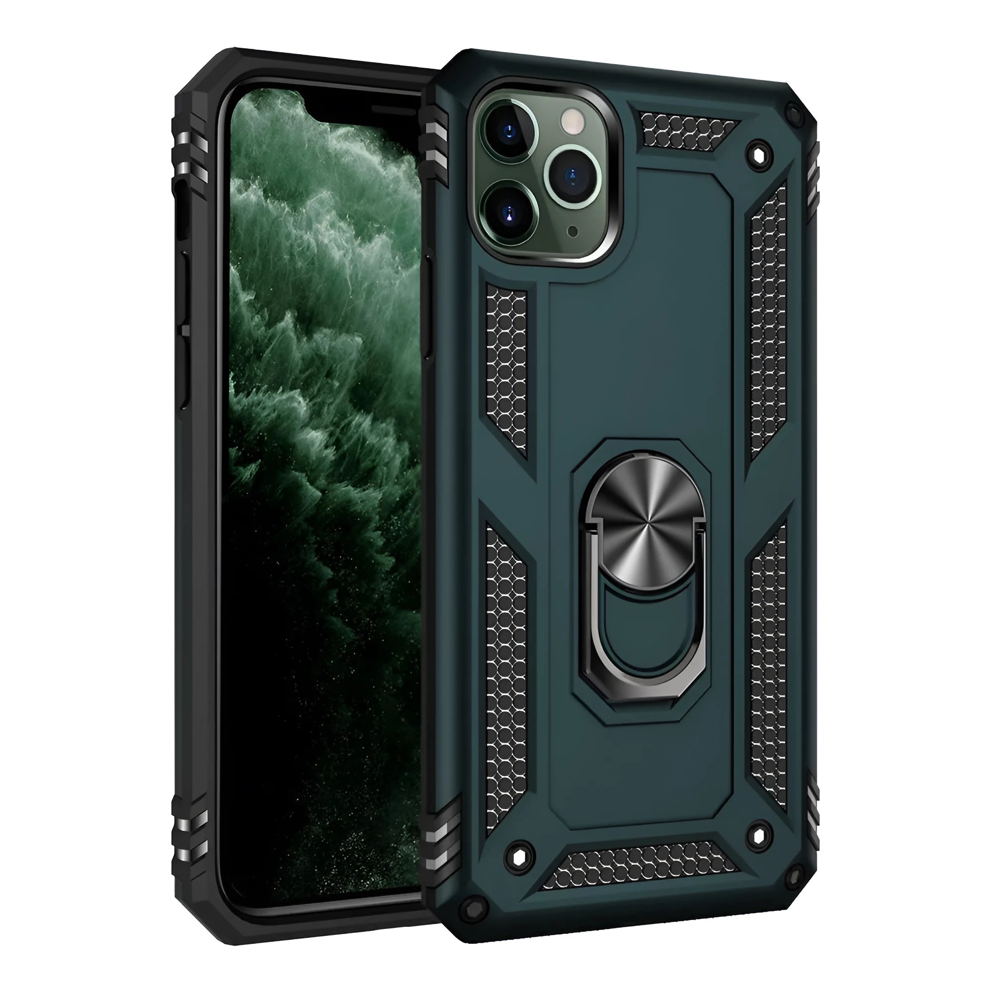Apple iPhone case with integrated car phone holder mount in dark green colour showing front and back views