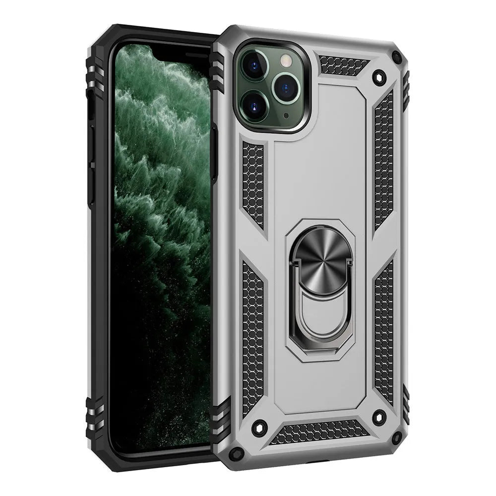 Apple iPhone case with integrated car phone holder mount in dark green colour showing front and back views