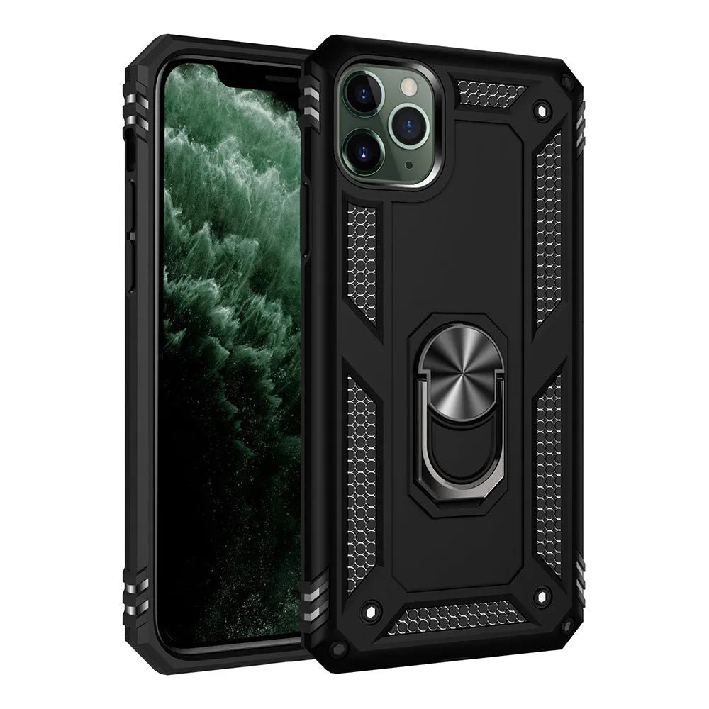 Apple iPhone case with integrated car phone holder mount in dark green colour showing front and back views