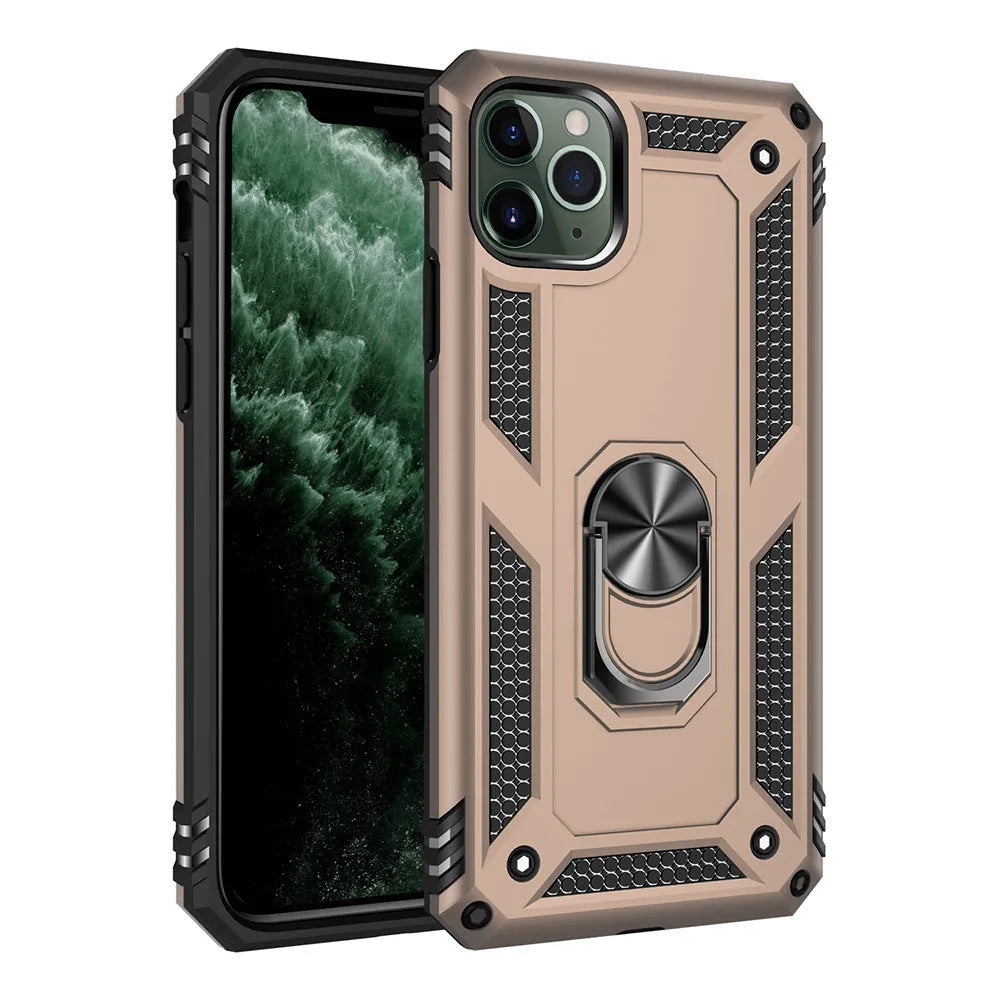 Apple iPhone case with integrated car phone holder mount in dark green colour showing front and back views