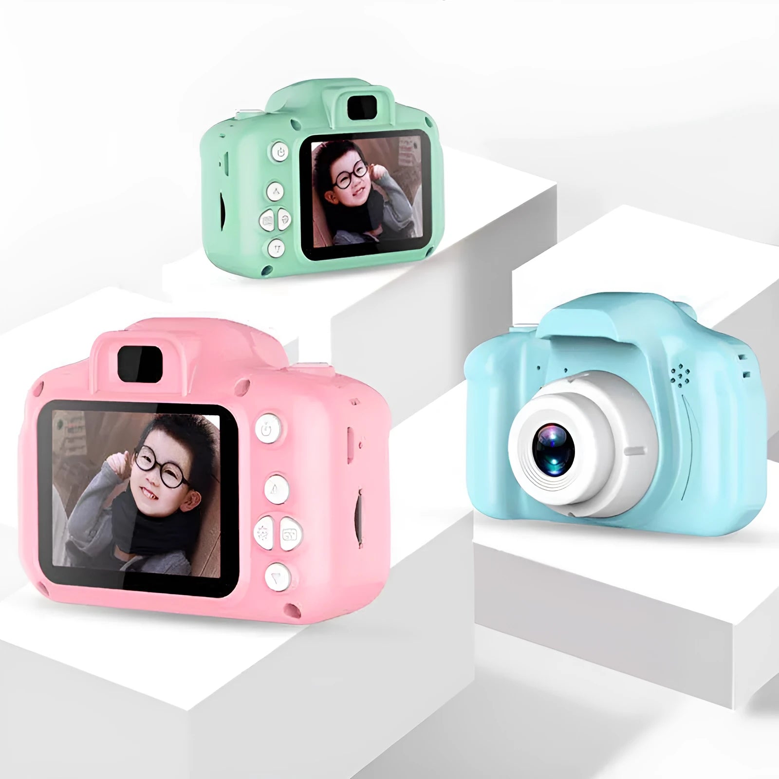 Children's HD digital waterproof camera in blue with 2.3 inch screen and compact design