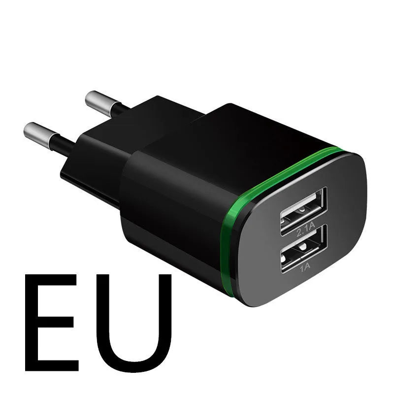 Universal travel charging head in black with ABS shell, USB interface, and EU plug