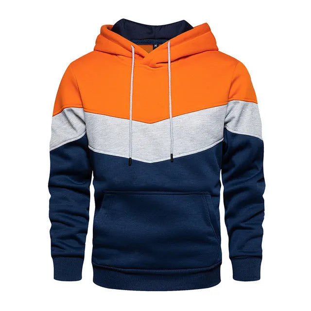 Men's patchwork hooded sweatshirt long sleeve loose fit casual pullover in blue