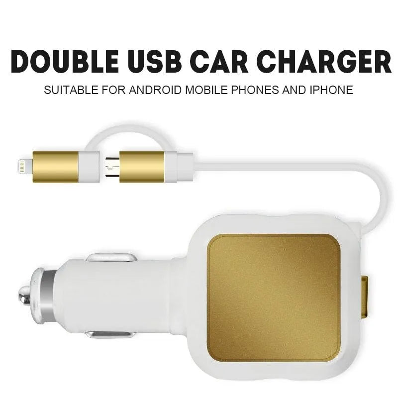 Black and gold dual USB car charger with retractable cable for vehicle use