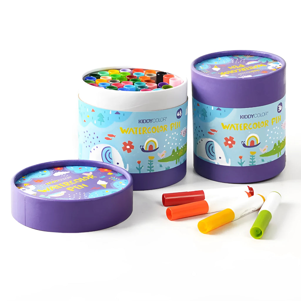 Children's washable watercolour pen set with plastic brush tips in 36 or 48 colour options