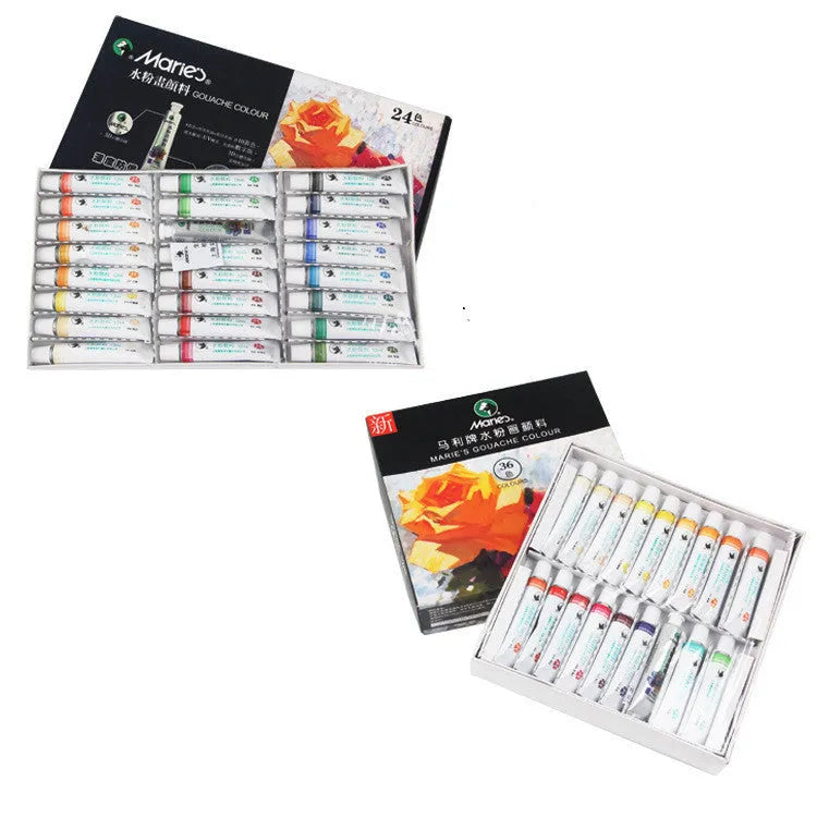 Boxed set of Marley gouache paint tubes in 5ml and 12ml sizes, showing multiple colour options.