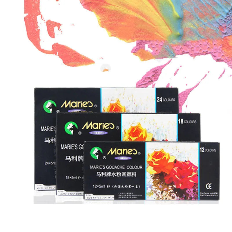 Boxed set of Marley gouache paint tubes in 5ml and 12ml sizes, showing multiple colour options.