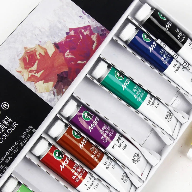 Boxed set of Marley gouache paint tubes in 5ml and 12ml sizes, showing multiple colour options.
