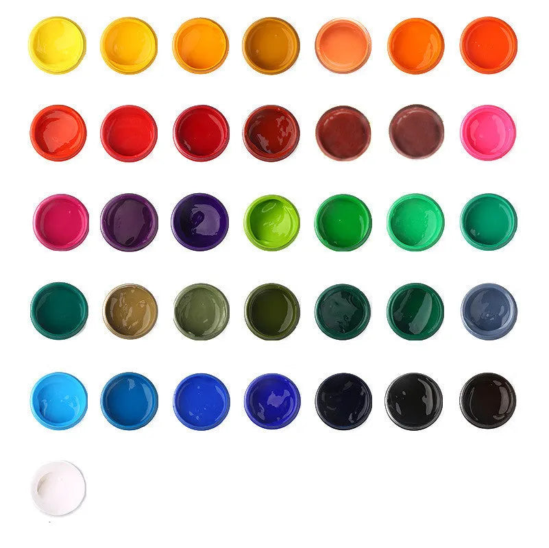 Bottles of beginner gouache paint in colours black, blue, orange, purple, red, sky blue and yellow.