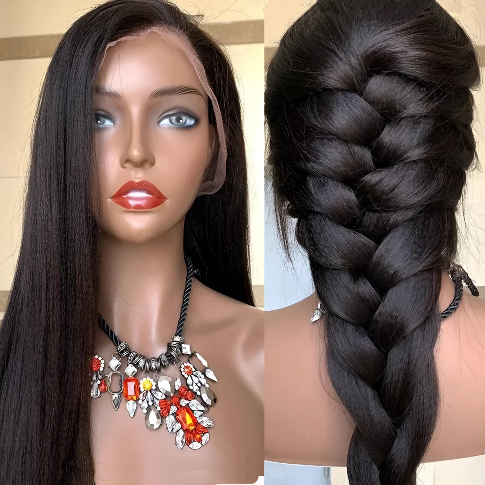 Long straight black high temperature silk wig with long bangs on a mannequin head