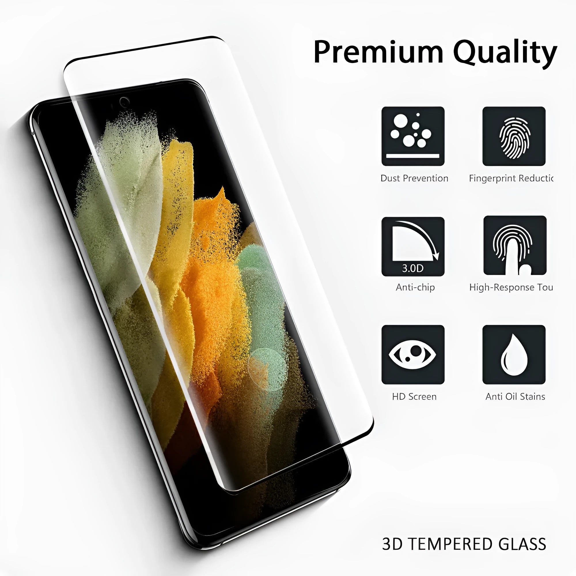 Samsung Galaxy S21 Ultra tempered glass screen protector with 3D curved edges on a mobile phone.