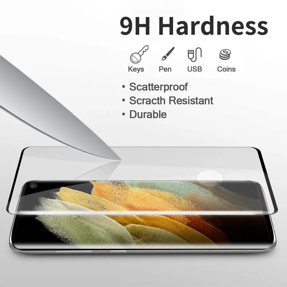 Samsung Galaxy S21 Ultra tempered glass screen protector with 3D curved edges on a mobile phone.