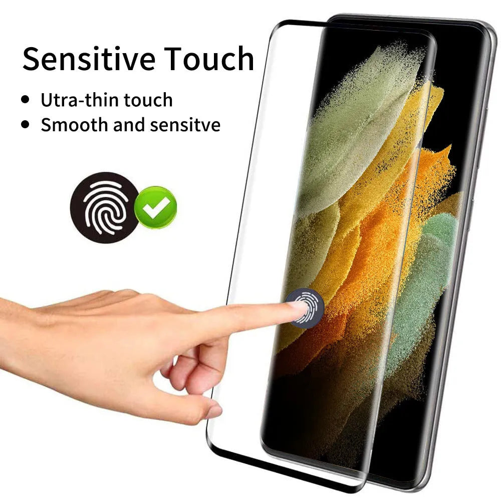 Samsung Galaxy S21 Ultra tempered glass screen protector with 3D curved edges on a mobile phone.