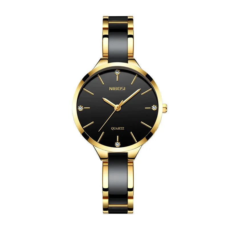 Rhinestone ceramic quartz ladies watch with 33mm dial, stainless steel and ceramic strap, black colour option
