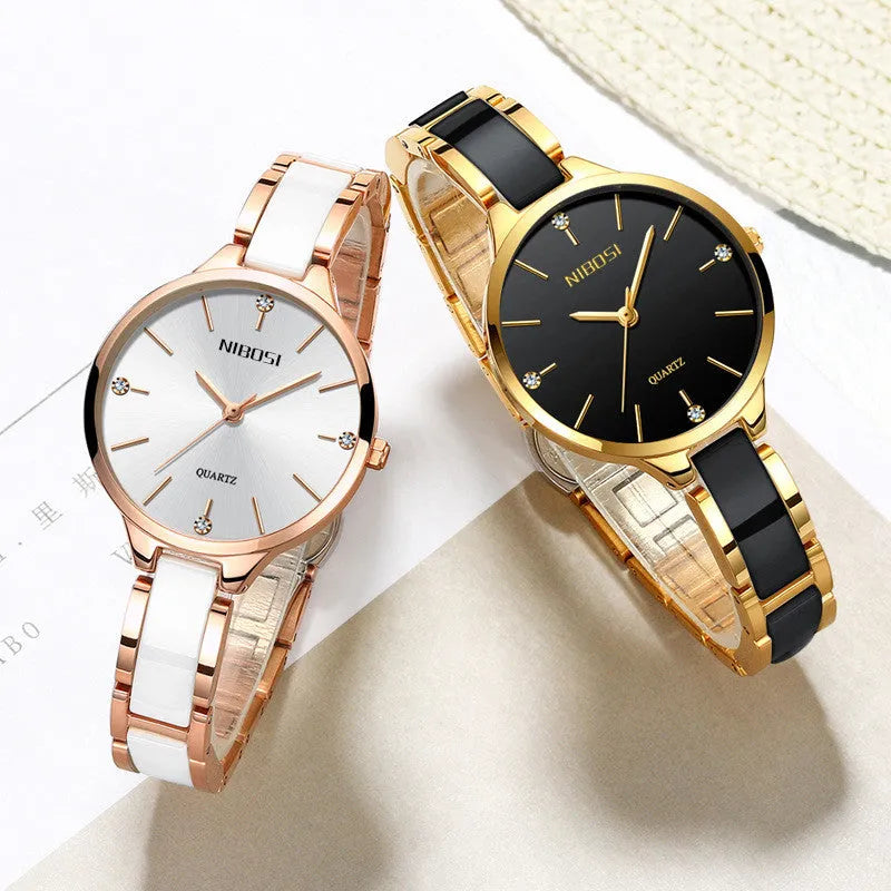 Rhinestone ceramic quartz ladies watch with 33mm dial, stainless steel and ceramic strap, black colour option