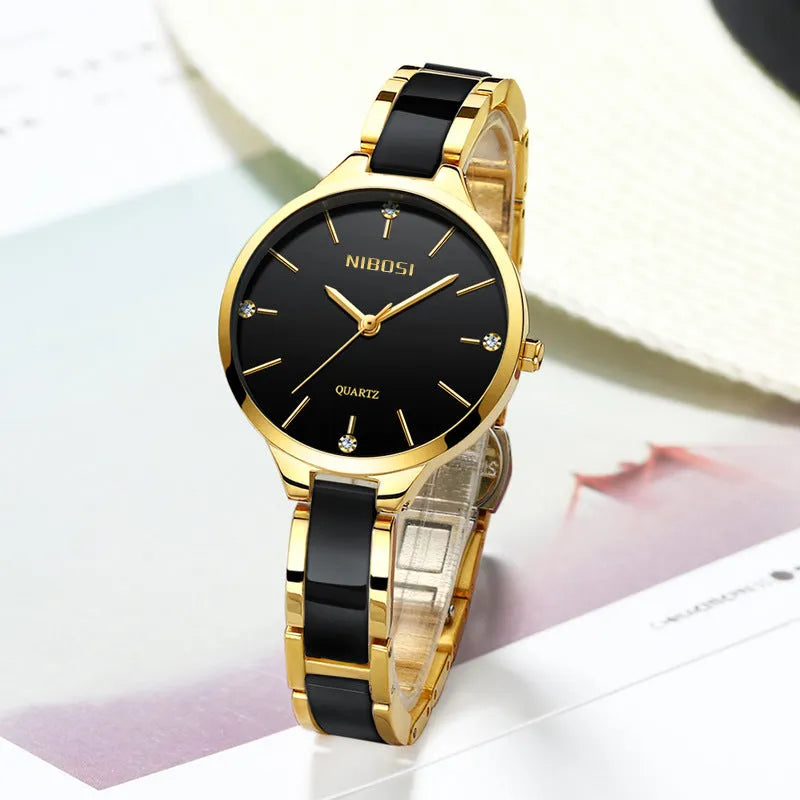Rhinestone ceramic quartz ladies watch with 33mm dial, stainless steel and ceramic strap, black colour option