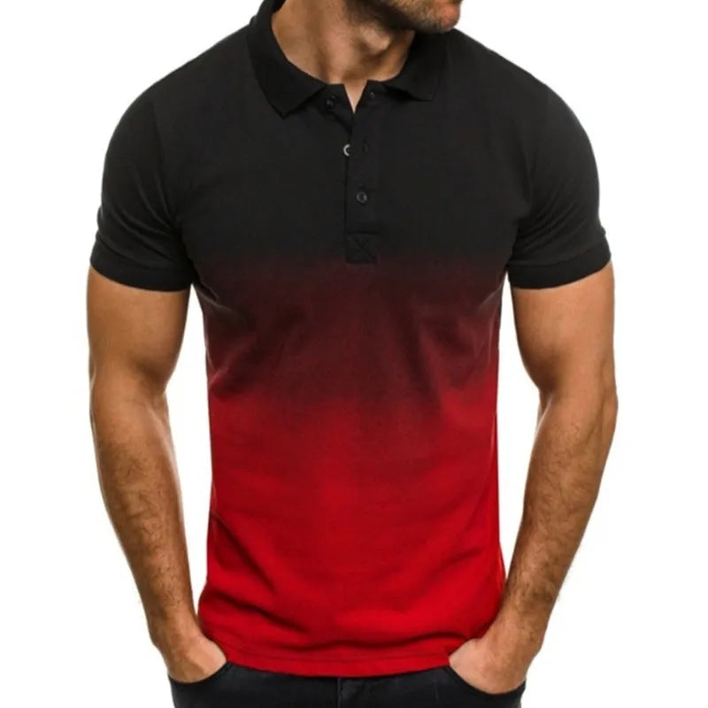 Men's slim-fit gradient print short-sleeved polo shirt with stand-up collar in blue