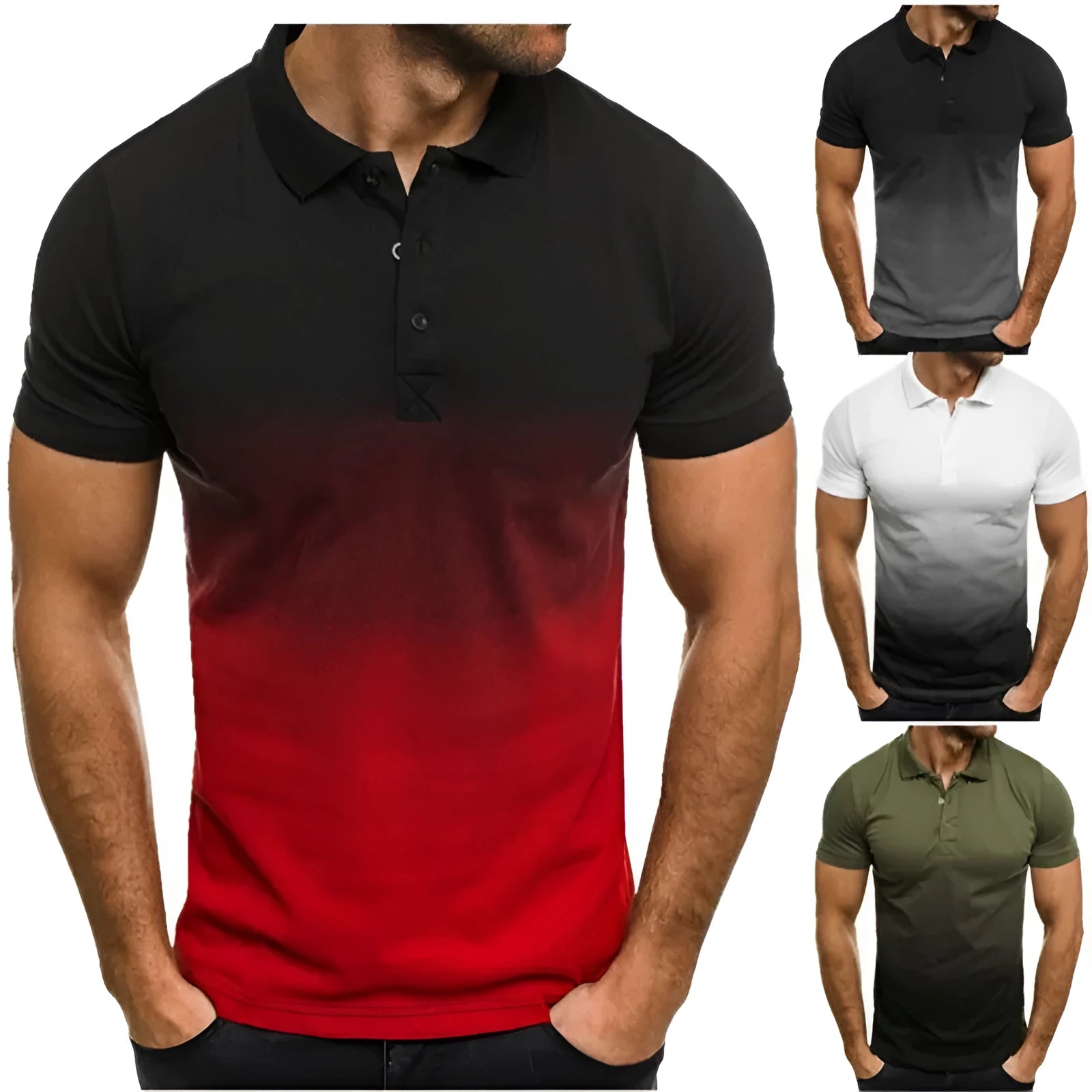 Men's slim-fit gradient print short-sleeved polo shirt with stand-up collar in blue
