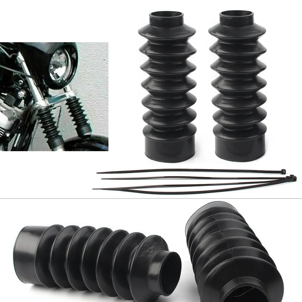Pair of black rubber front shock absorber dust covers for motorcycle forks