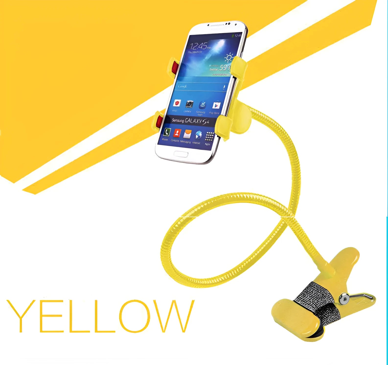 Strong metal lazy stand with long flexible arm holding an iPhone on a desktop, available in five colours