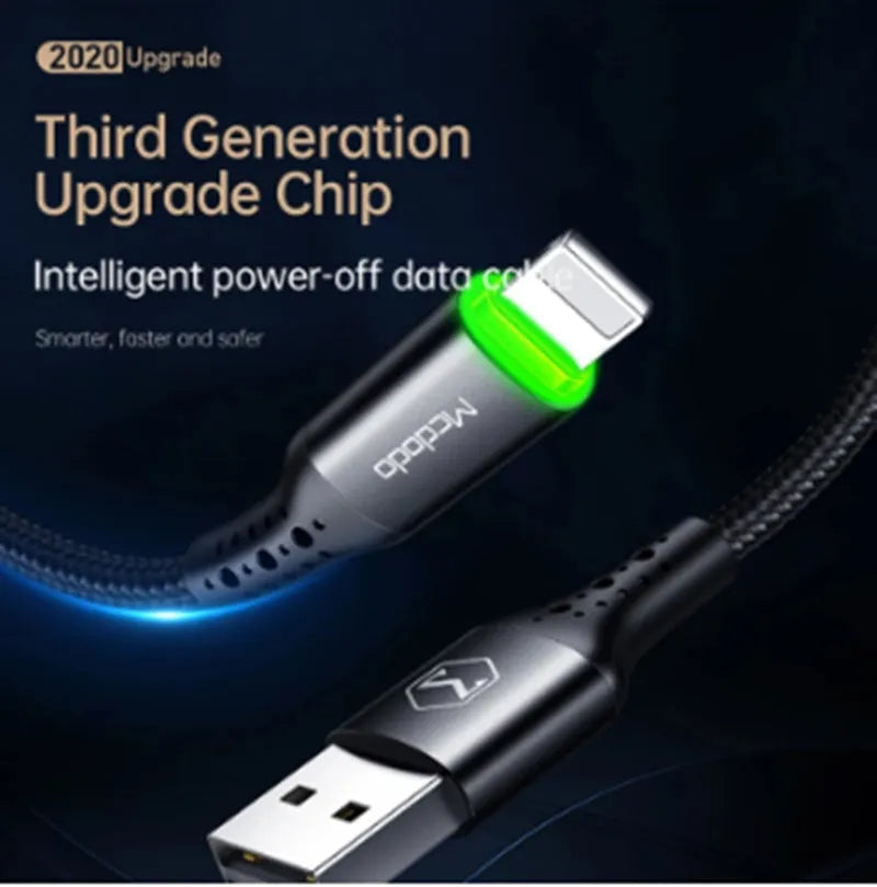 Black iPhone charger cable with 3A fast charging and data synchronisation features showing dual-colour LED lights