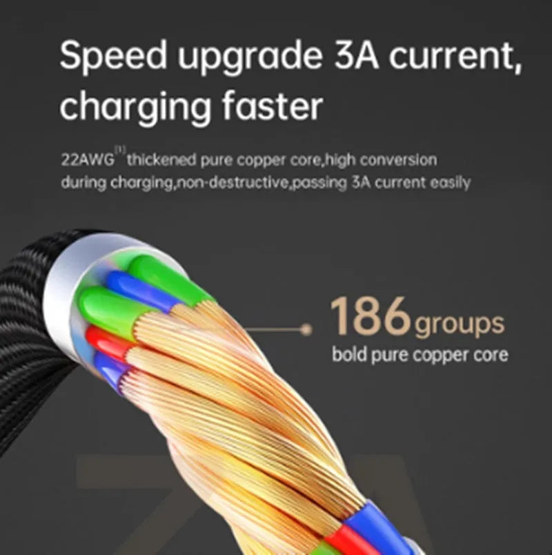 Black iPhone charger cable with 3A fast charging and data synchronisation features showing dual-colour LED lights