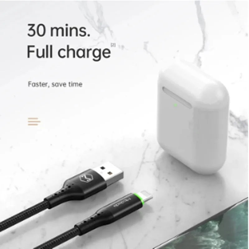 Black iPhone charger cable with 3A fast charging and data synchronisation features showing dual-colour LED lights