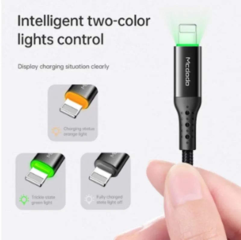 Black iPhone charger cable with 3A fast charging and data synchronisation features showing dual-colour LED lights