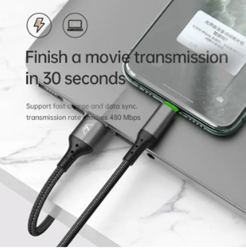 Black iPhone charger cable with 3A fast charging and data synchronisation features showing dual-colour LED lights