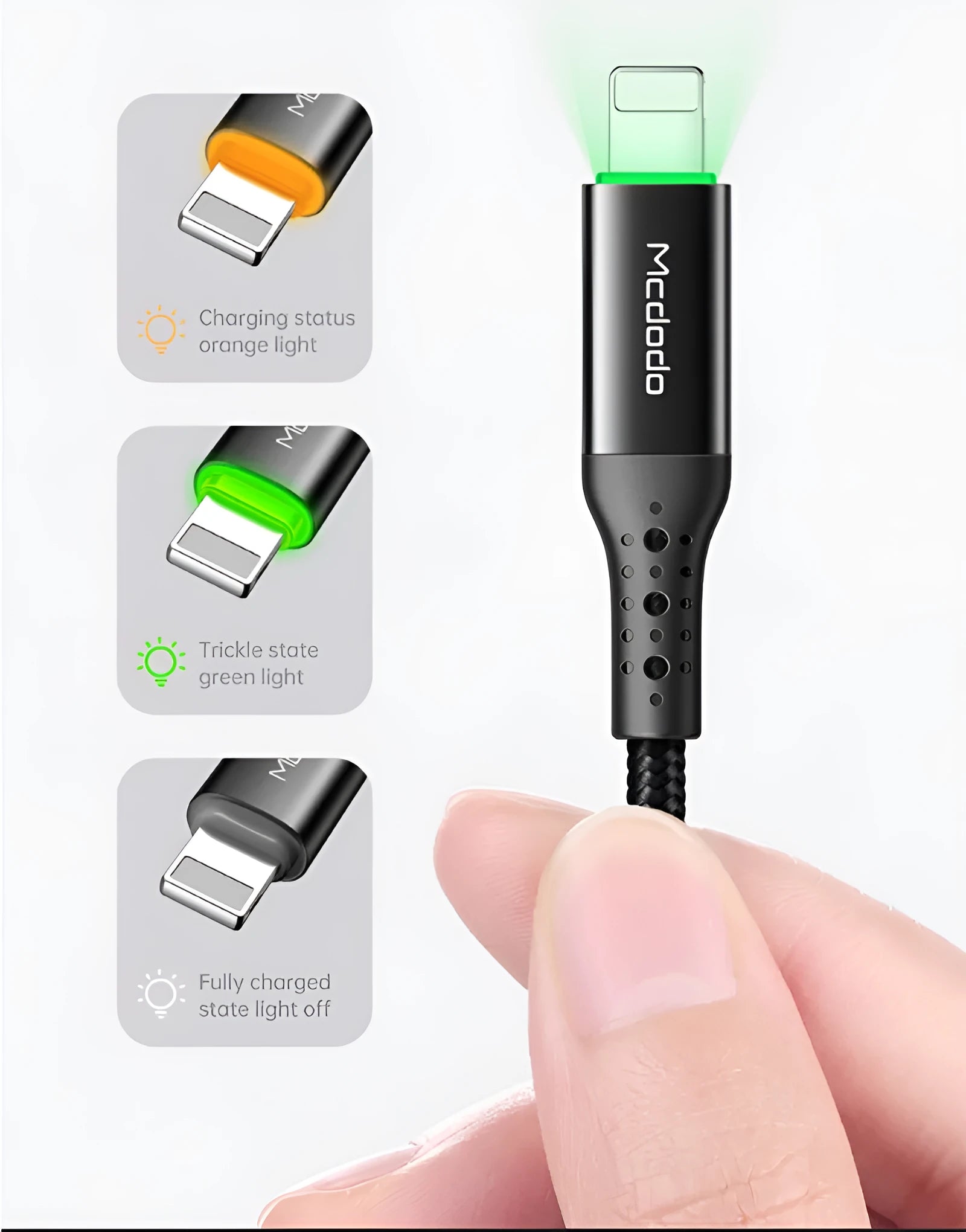 Black iPhone charger cable with 3A fast charging and data synchronisation features showing dual-colour LED lights