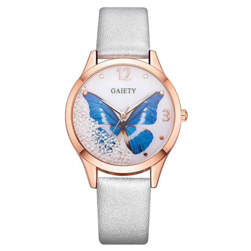 Gaiety brand ladies wrist watch with removable rhinestone butterfly decoration on leather strap