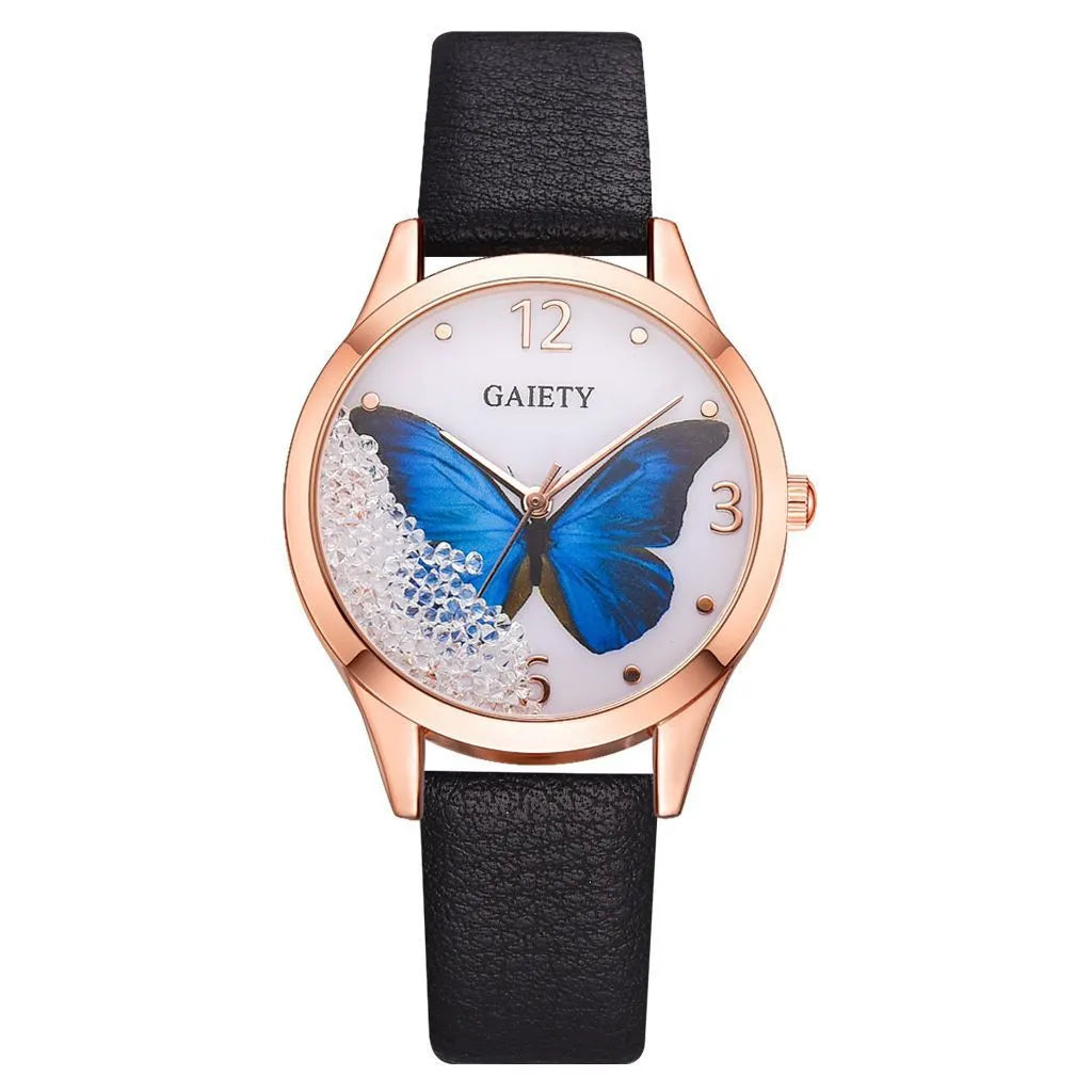 Gaiety brand ladies wrist watch with removable rhinestone butterfly decoration on leather strap