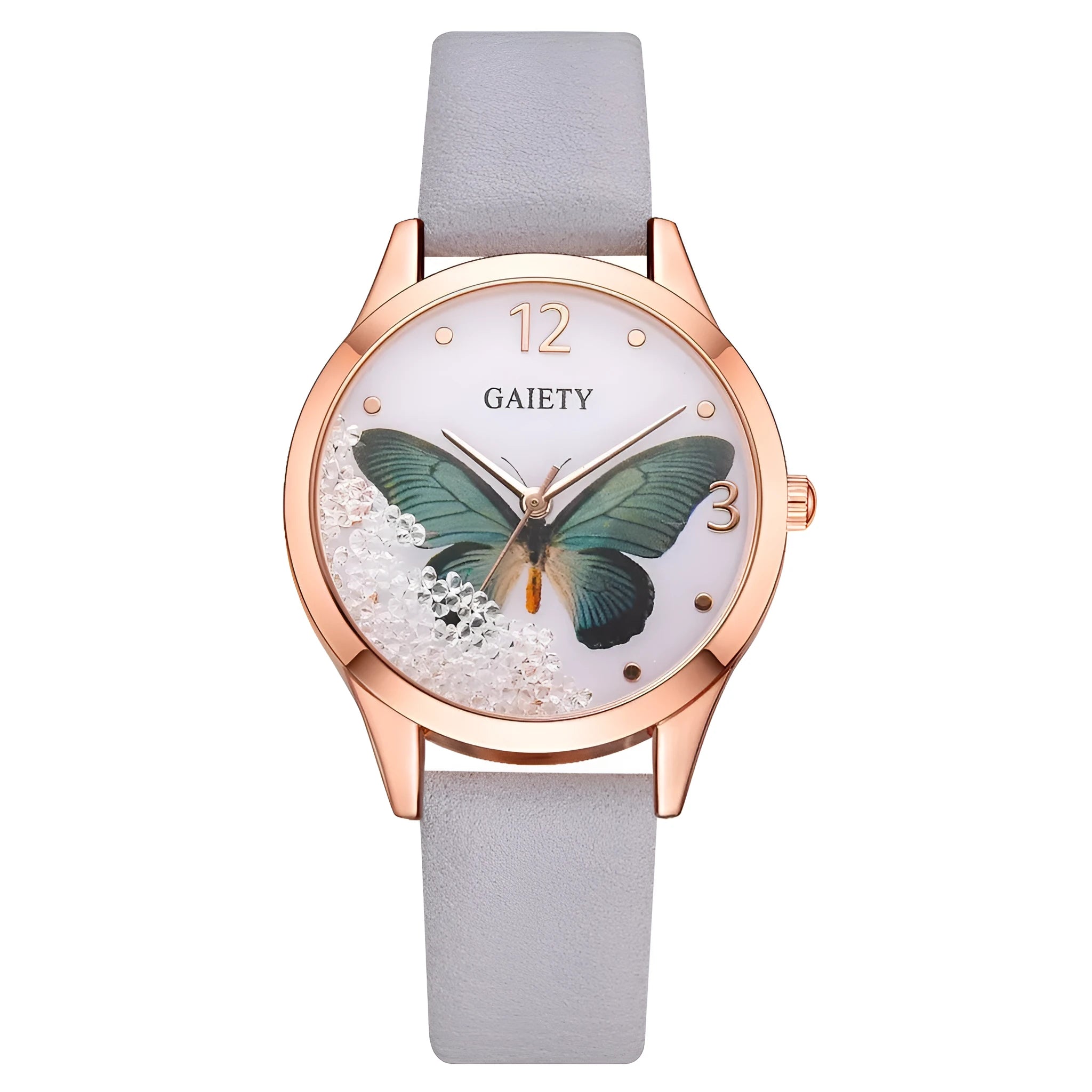 Gaiety brand ladies wrist watch with removable rhinestone butterfly decoration on leather strap