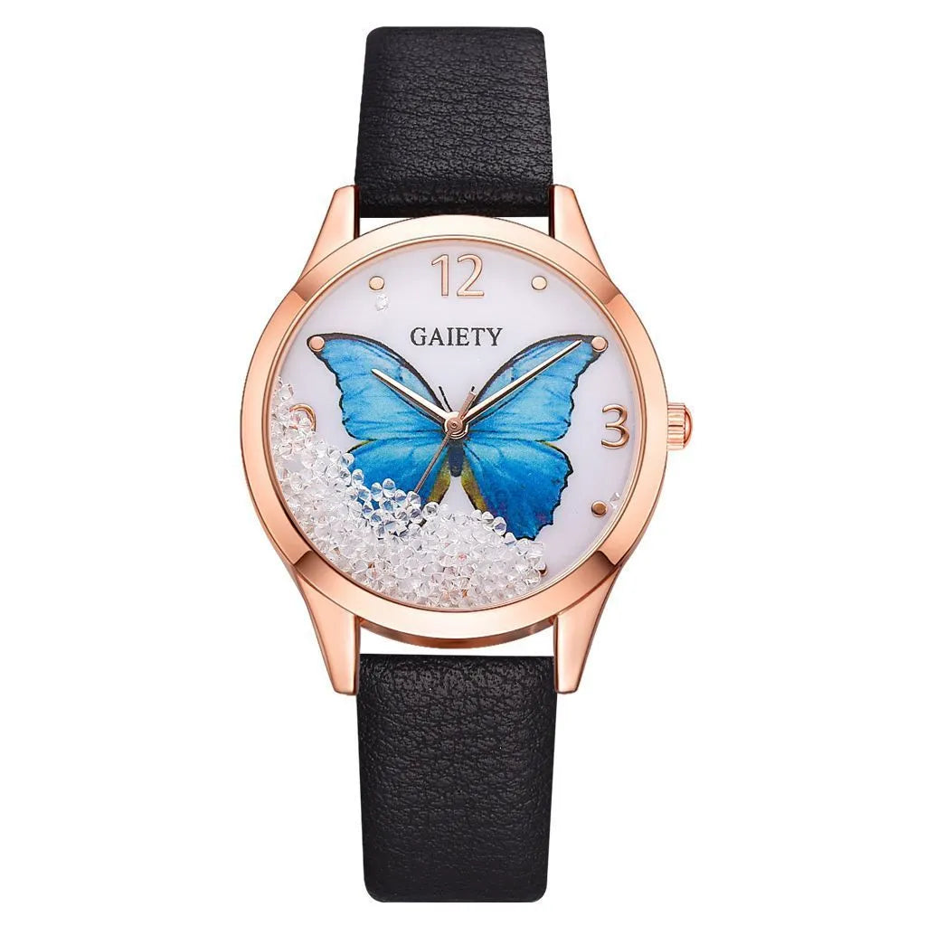 Gaiety brand ladies wrist watch with removable rhinestone butterfly decoration on leather strap