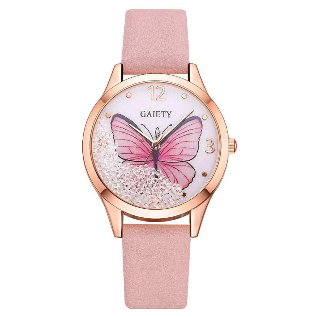 Gaiety brand ladies wrist watch with removable rhinestone butterfly decoration on leather strap