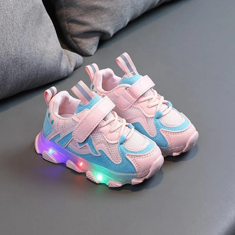 Children's bright mesh sneakers with Velcro straps in black, grey, and pink colours