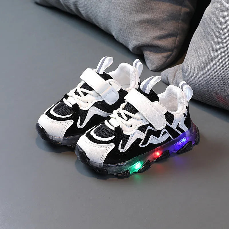 Children's bright mesh sneakers with Velcro straps in black, grey, and pink colours