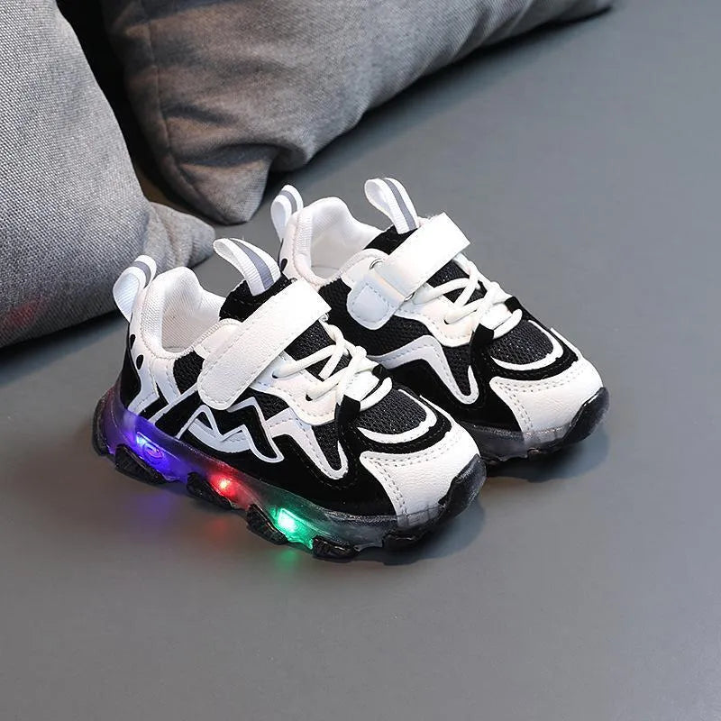 Children's bright mesh sneakers with Velcro straps in black, grey, and pink colours