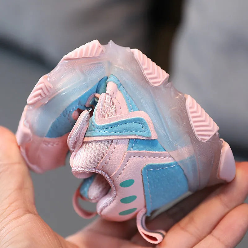 Children's bright mesh sneakers with Velcro straps in black, grey, and pink colours