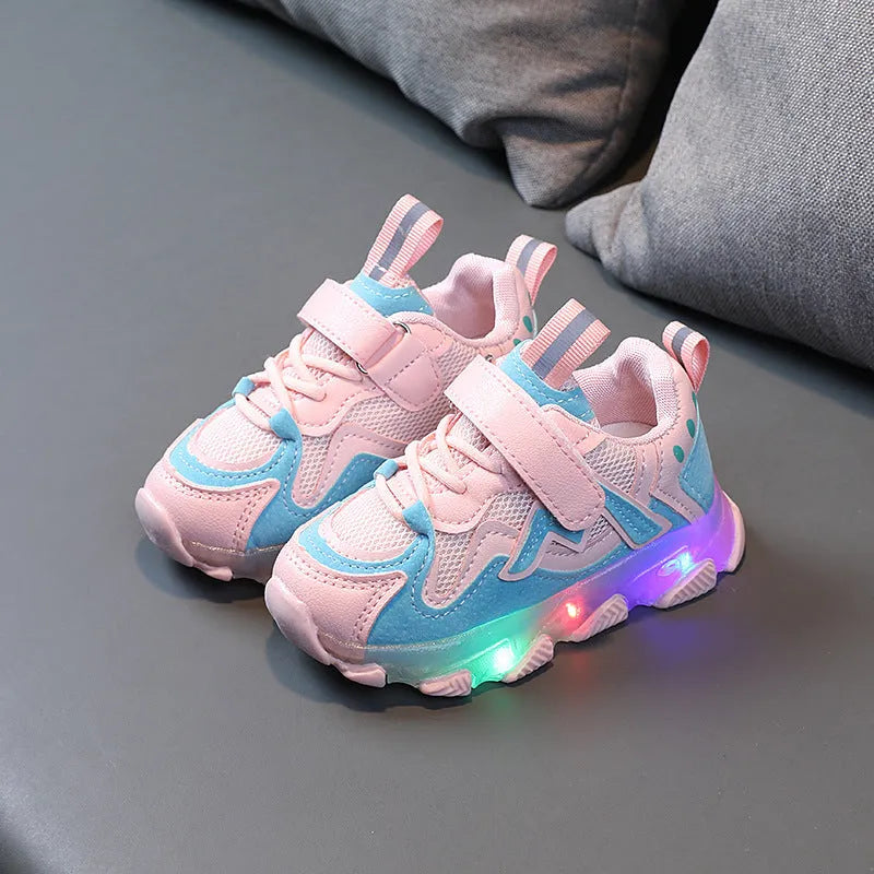 Children's bright mesh sneakers with Velcro straps in black, grey, and pink colours