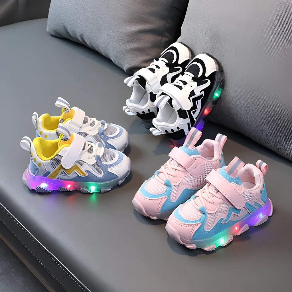 Children's bright mesh sneakers with Velcro straps in black, grey, and pink colours