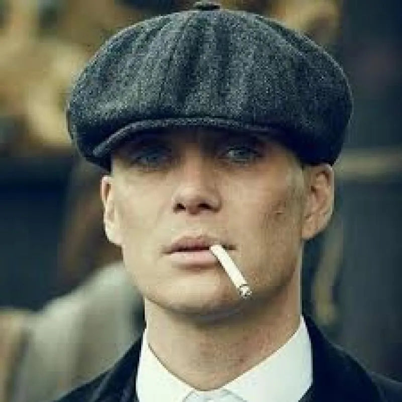 Unisex herringbone newsboy cap in polyester with plaid pattern, available in black brown grey, Gatsby style