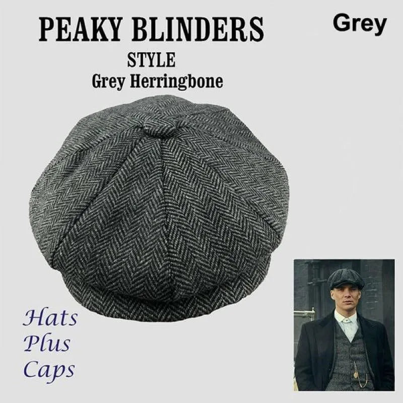 Unisex herringbone newsboy cap in polyester with plaid pattern, available in black brown grey, Gatsby style