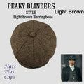 Unisex herringbone newsboy cap in polyester with plaid pattern, available in black brown grey, Gatsby style