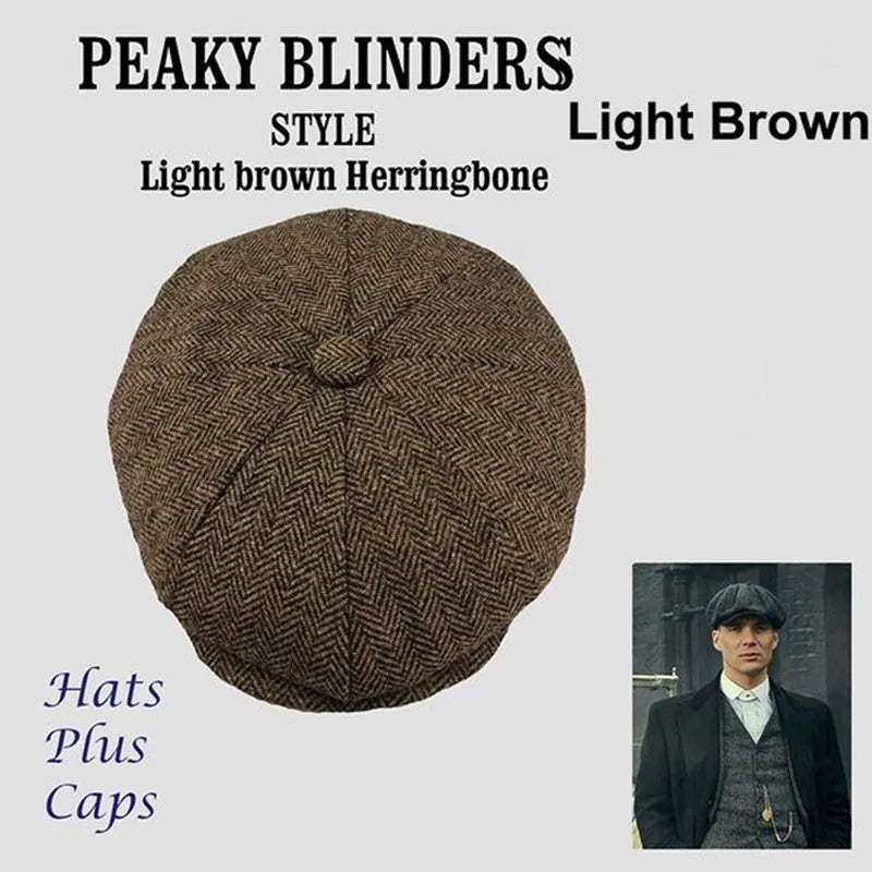 Unisex herringbone newsboy cap in polyester with plaid pattern, available in black brown grey, Gatsby style