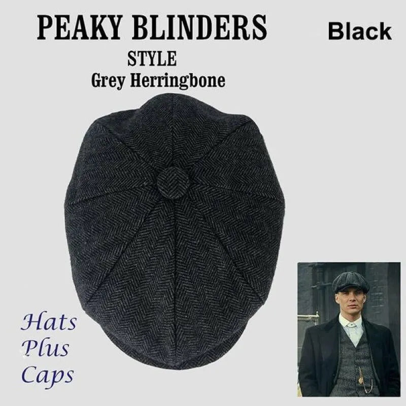 Unisex herringbone newsboy cap in polyester with plaid pattern, available in black brown grey, Gatsby style