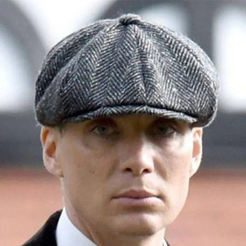 Unisex herringbone newsboy cap in polyester with plaid pattern, available in black brown grey, Gatsby style