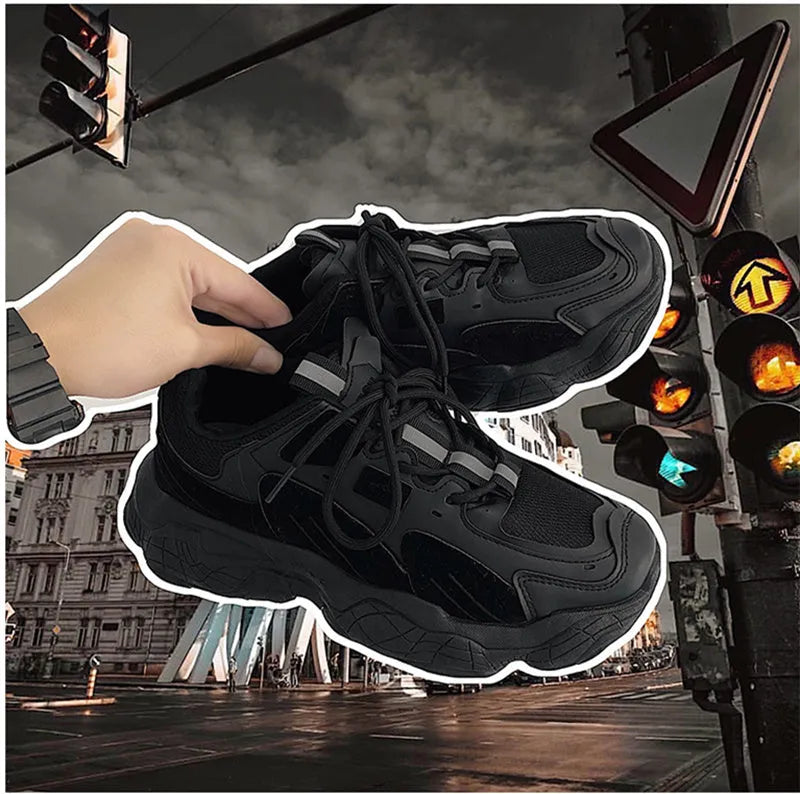 Fashion vulcanized chunky sneakers for men women in black colour with PU mesh upper and rubber sole