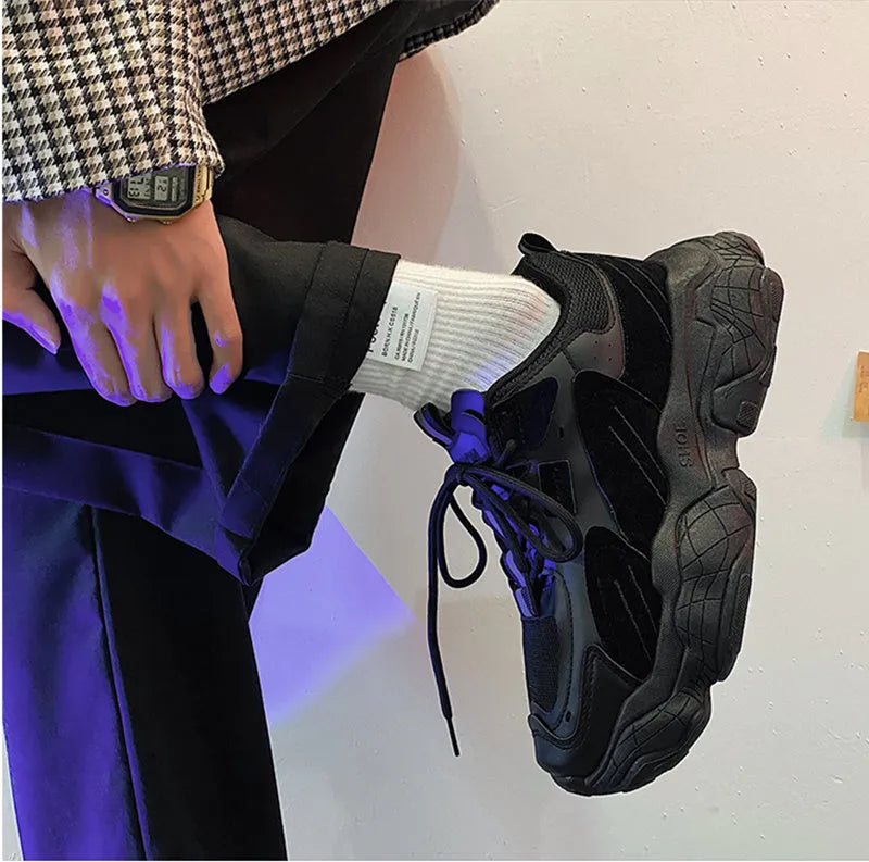 Fashion vulcanized chunky sneakers for men women in black colour with PU mesh upper and rubber sole