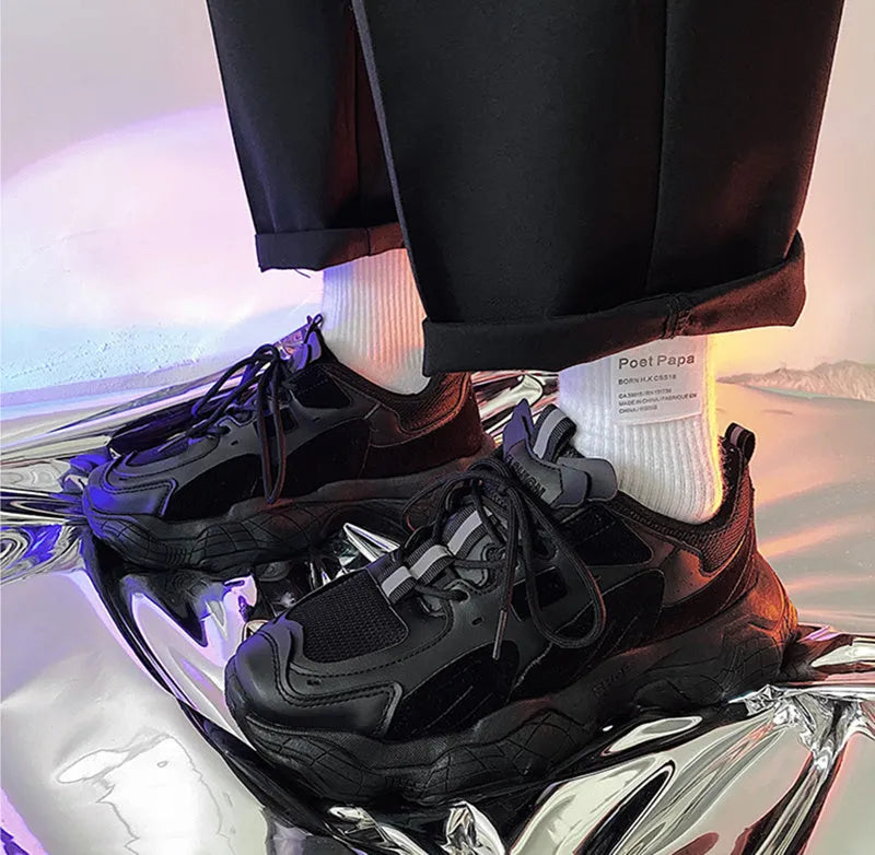 Fashion vulcanized chunky sneakers for men women in black colour with PU mesh upper and rubber sole